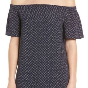 Anthropologie Dark Navy Blue And white Short Sleeve Loose Fit Blouse